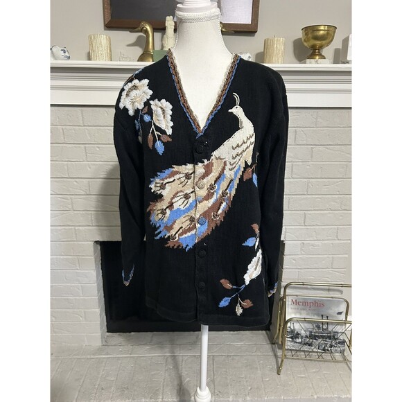 Vtg Grandma Storybook Knit Sweater Women's L Cardigan Peacock Embroidered Beaded - Picture 1 of 5